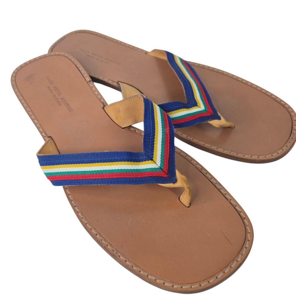 Saks Fifth Avenue Leather Flip Flops Striped Ribbon Thong Sandals 11M Spain